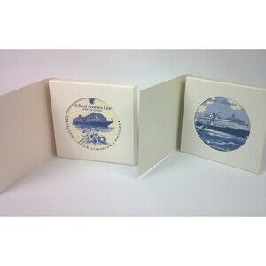 Vintage Holland America Cruise Line Ships Delft Blue Tile Coasters Set of 2 New